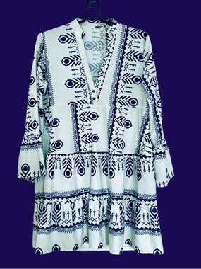 Boho V-Neck Tiered Mini Dress in Navy and White Sz.M